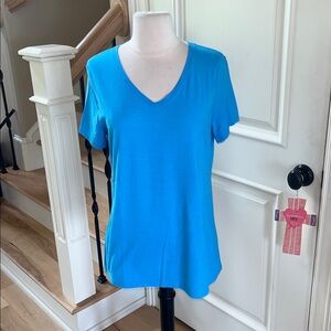 Blue Cotton V Neck Short Sleeve T Shirt